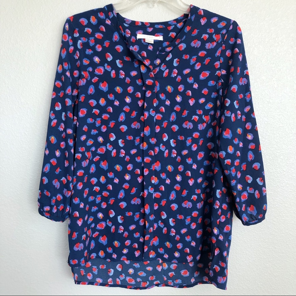C&E Navy Blue Floral Blouse with 3/4 Sleeves